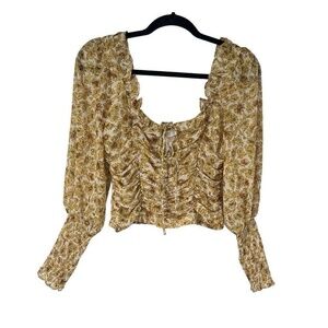 Astr the Label Yellow Floral Puff‎ Long Sleeves Lace up Ruched Top Sz S Womens